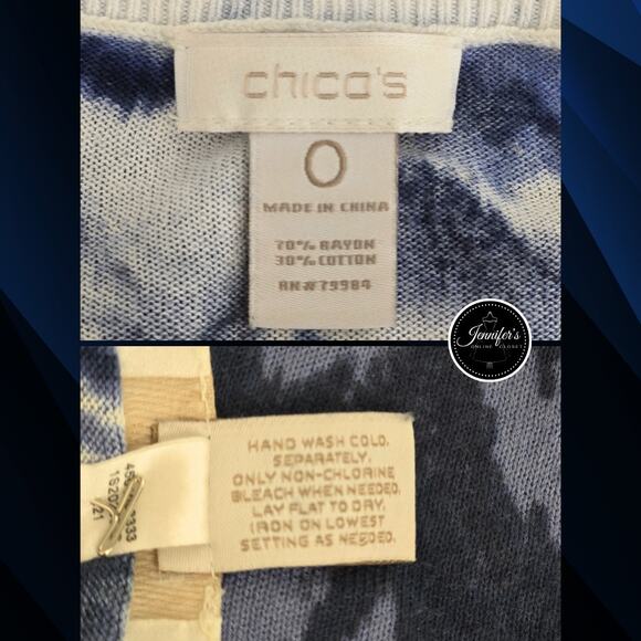 Chico's Blue & White Ombre Flame Stitch Short Dolman Sleeve Sweater Size 0=S/4 - Picture 8 of 10